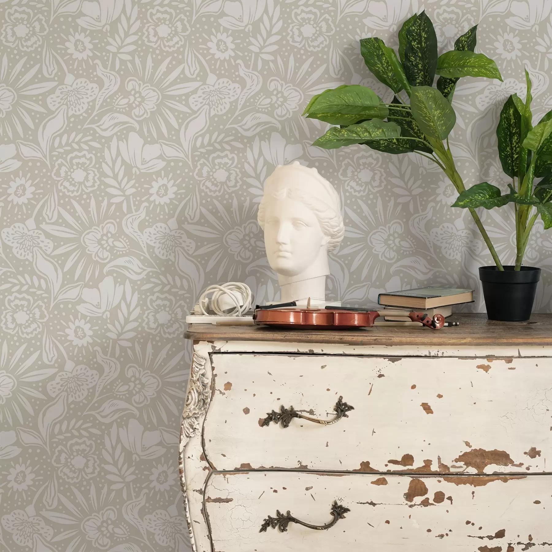 Wall Mural Photo Wallpaper White linear floral ornament on a beige background a00956