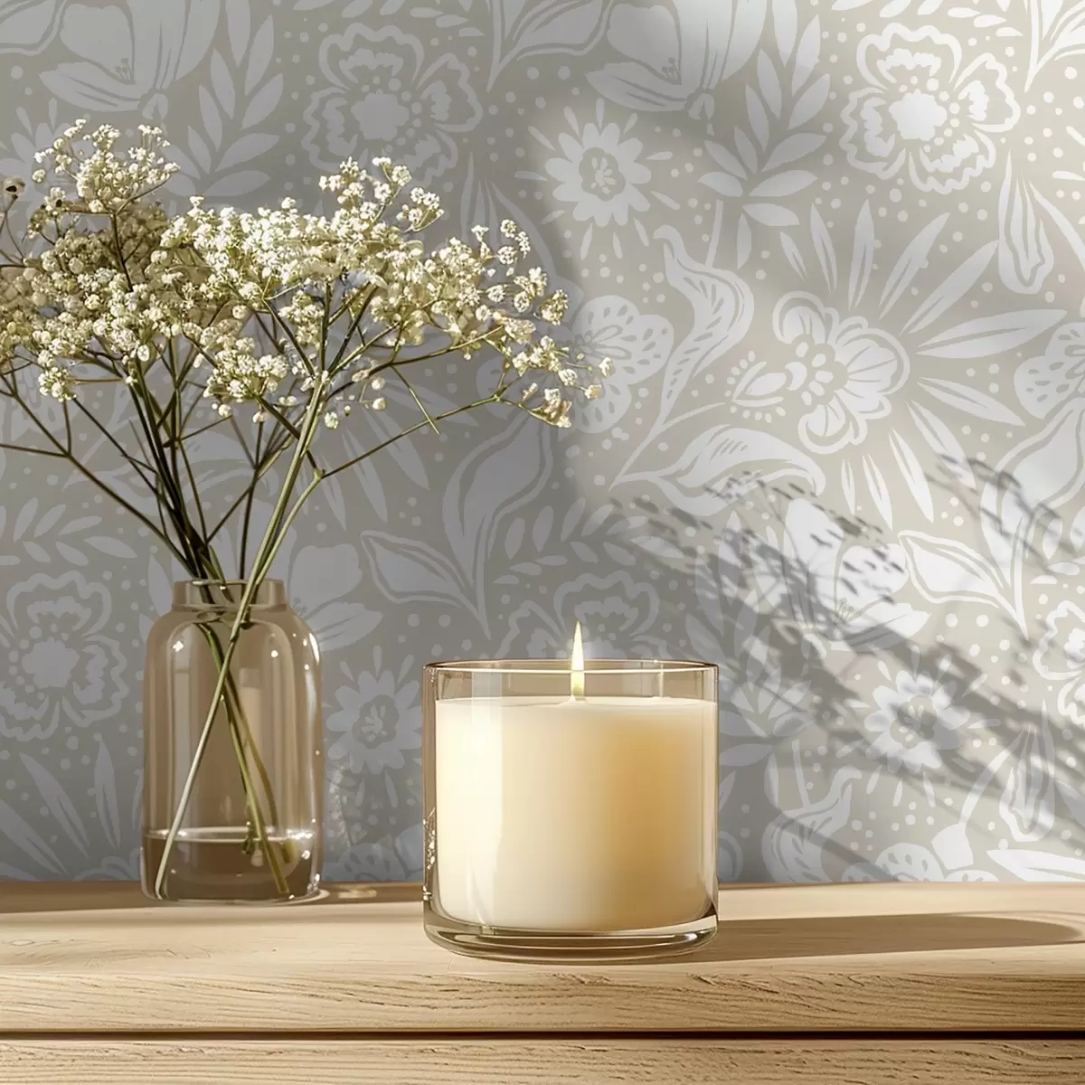 Papier peint Ornement floral linéaire blanc sur fond beige a00956