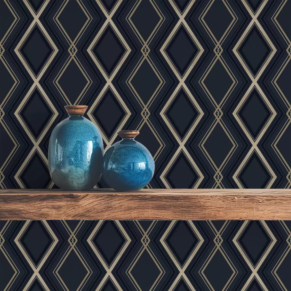 Papier peint Grille en losanges bleu foncé avec de fines lignes claires a00975