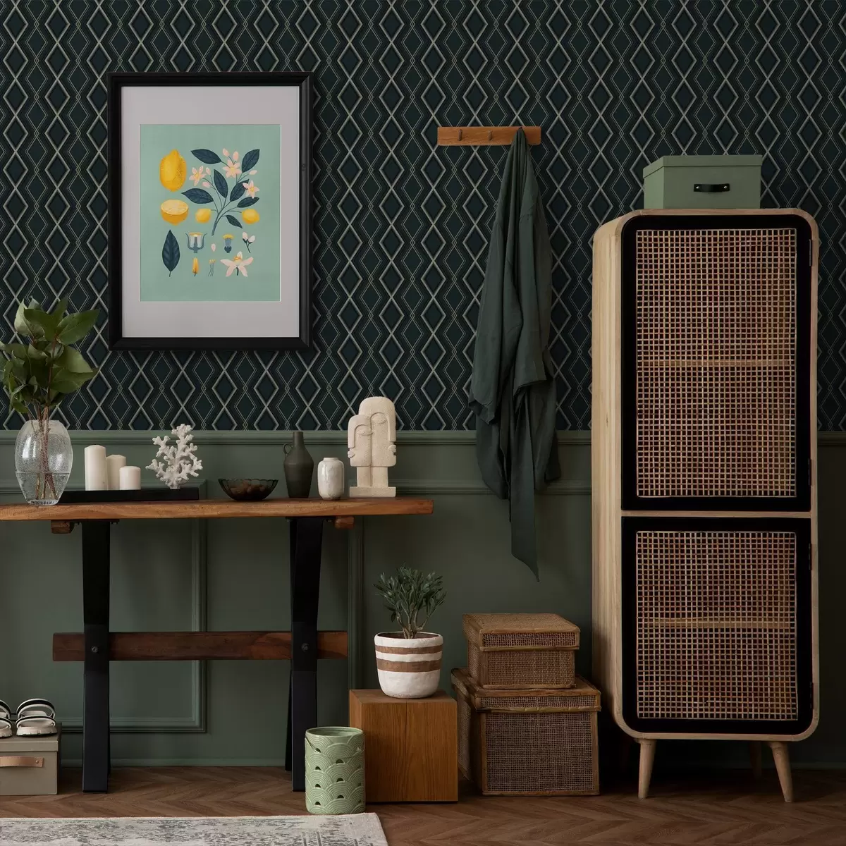 Papel pintado Fondo verde azulado oscuro con una rejilla de rombos repetitiva. a00975v1