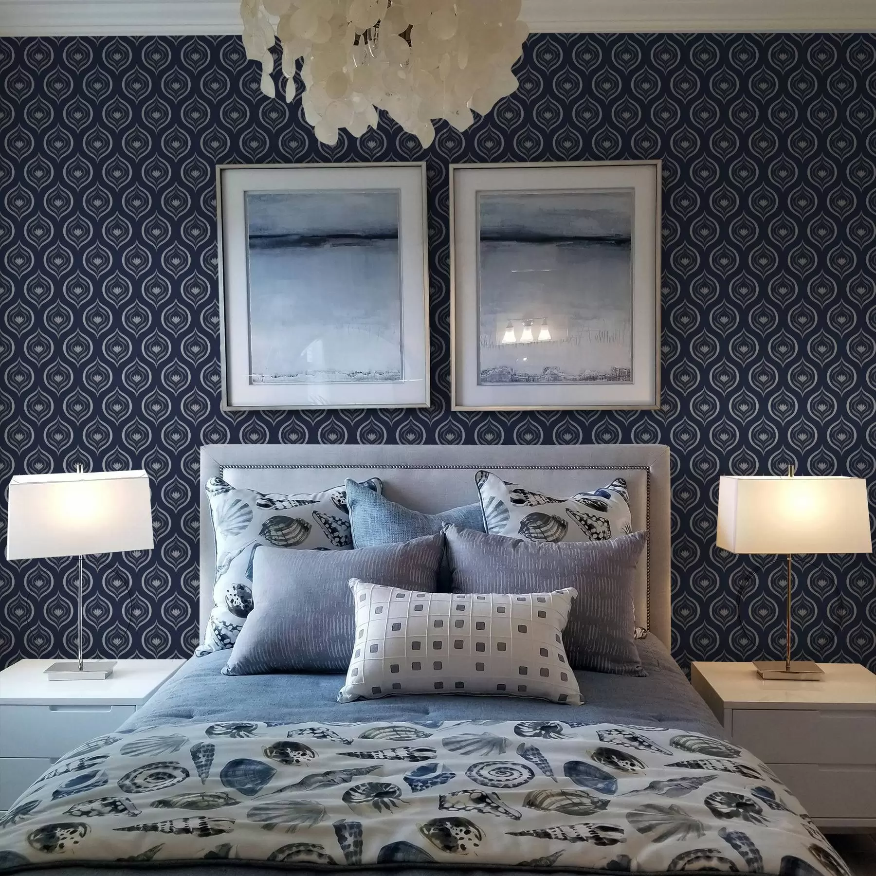 wall murals Contrasting droplet motifs with a flower on a dark navy background a00977v1