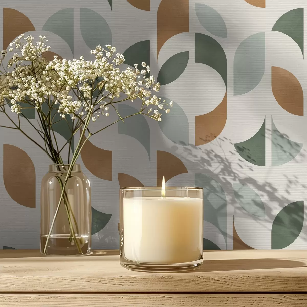 Papier peint Colonnes verticales composées de demi-cercles et de feuilles, vert-terre cuite a00986