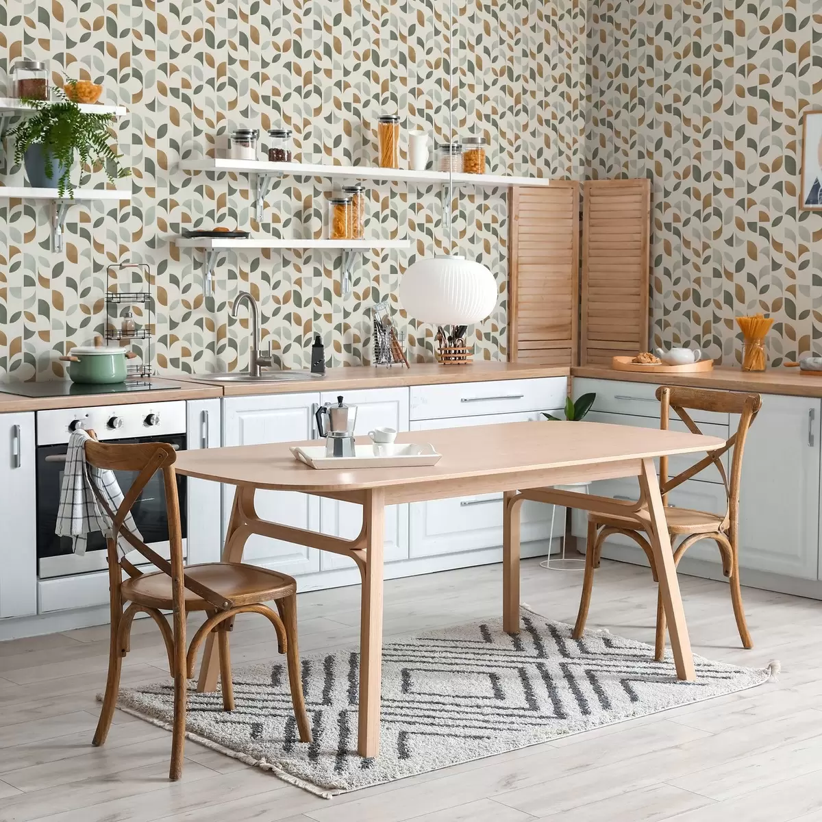 Wallpaper Vertical columns of half circles and leaves, green-terracotta a00986