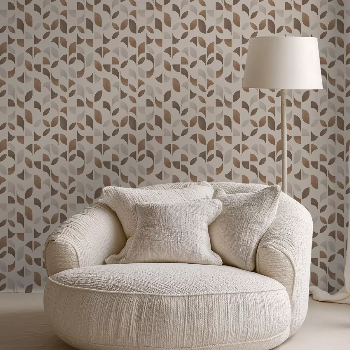 Papier peint Rythme de demi-cercles et de feuilles dans des tons chauds caramel brun a00986v1