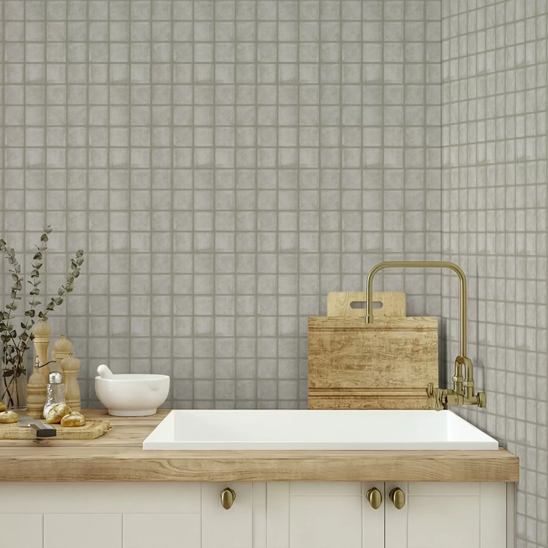 Wall Mural Photo Wallpaper Imitation of square tiles in a soft grey-green palette a00988