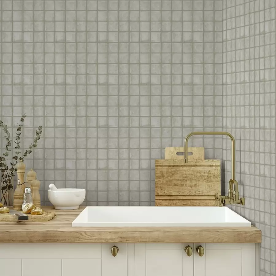 wall murals Imitation of square tiles in a soft grey-green palette a00988