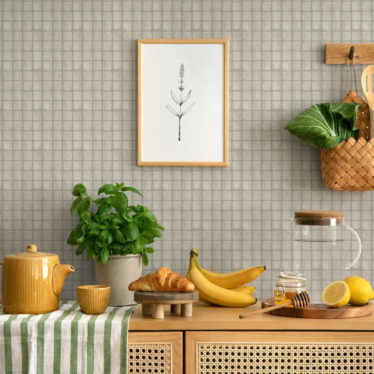 Papier peint Imitation de carreaux carrés dans une palette douce gris-vert a00988