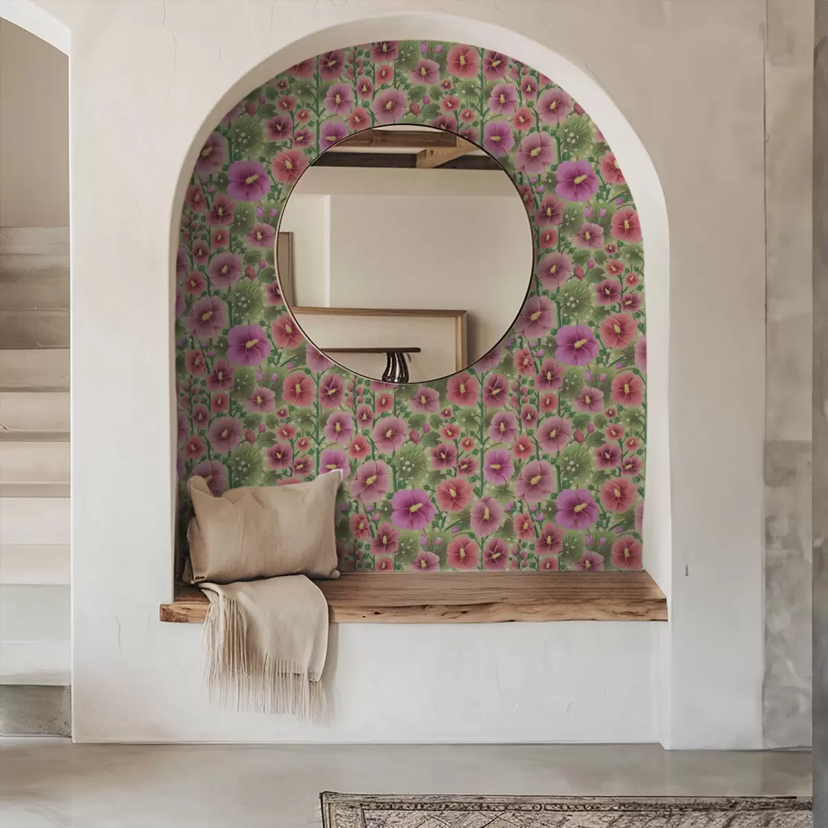 Wallpaper Large hibiscus flowers and leaves on a dark green background a00993