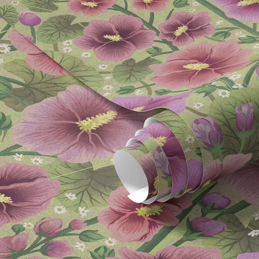 wall murals Large hibiscus flowers and leaves on a dark green background a00993