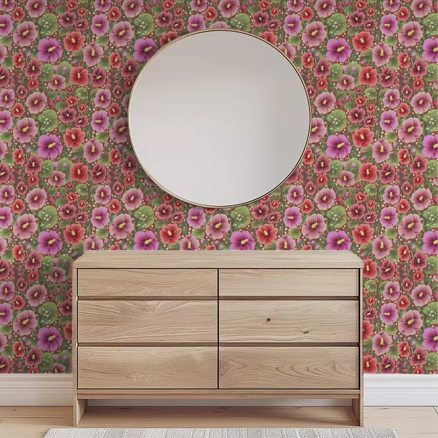 murales Hibisco en flor sobre un cálido fondo marrón rojizo. a00993v1