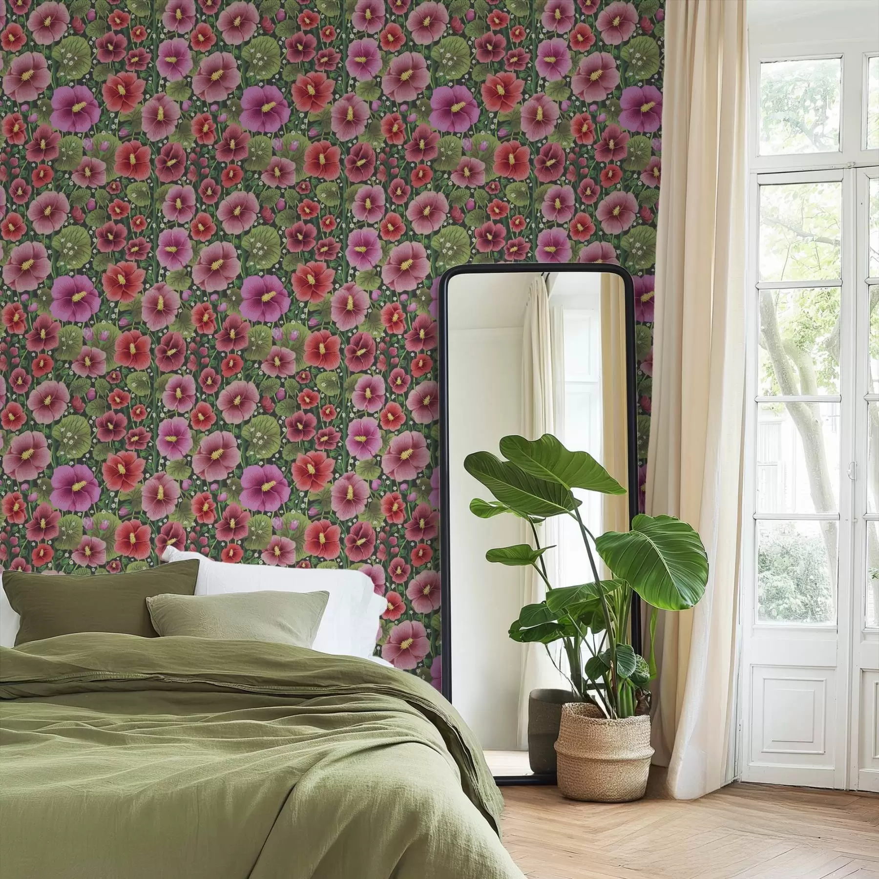 wall murals Bright hibiscus flowers and greenery on a dark background a00993v2