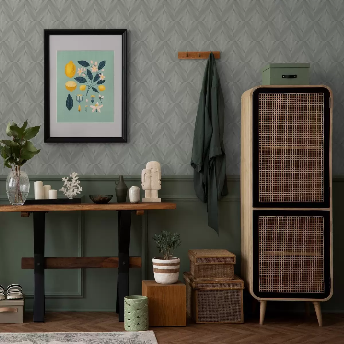 Papier peint Des traits diagonaux formant des carrés dans une palette gris menthe a00983v1