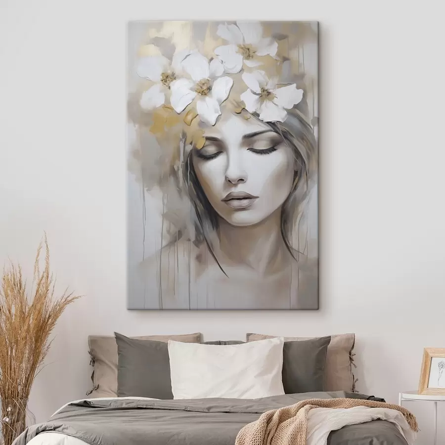 murales Retrato abstracto de una niña con flores, imitación de pintura s46756