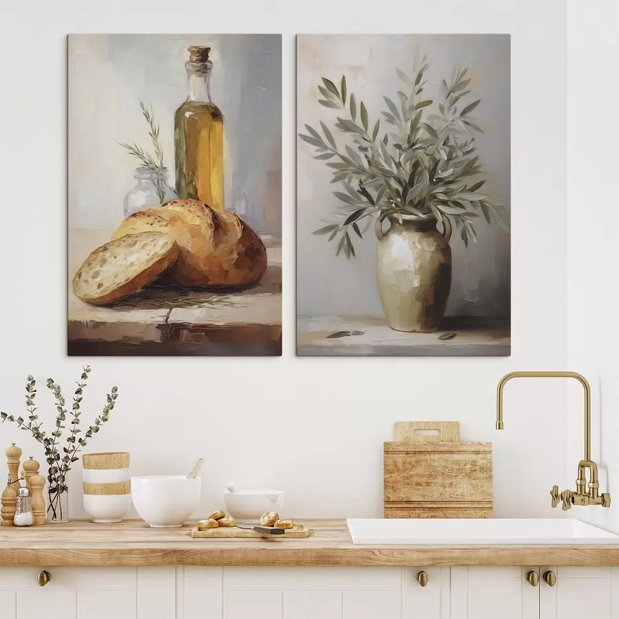 wall murals Olive branches in a vase, bread and a bottle of oil, imitation painting m01035
