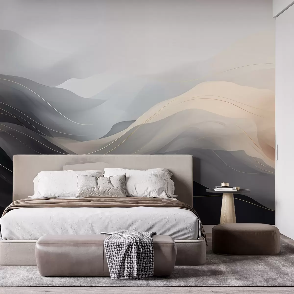 Wall Mural Photo Wallpaper Abstract misty waves in gray-cream tones with yellow lines w09504