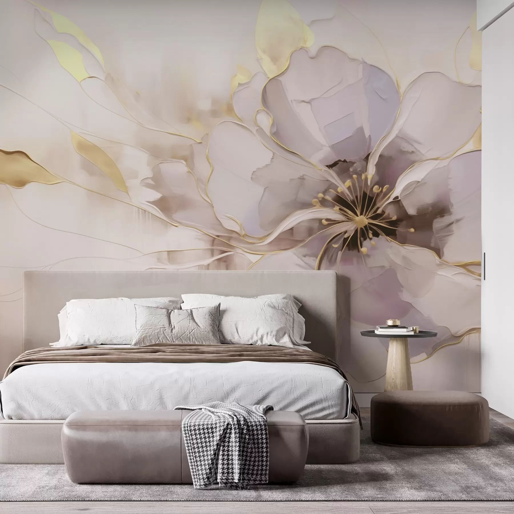 peintures murales Fleur bleue avec des accents jaunes dans un style abstrait au coup de pinceau w09505