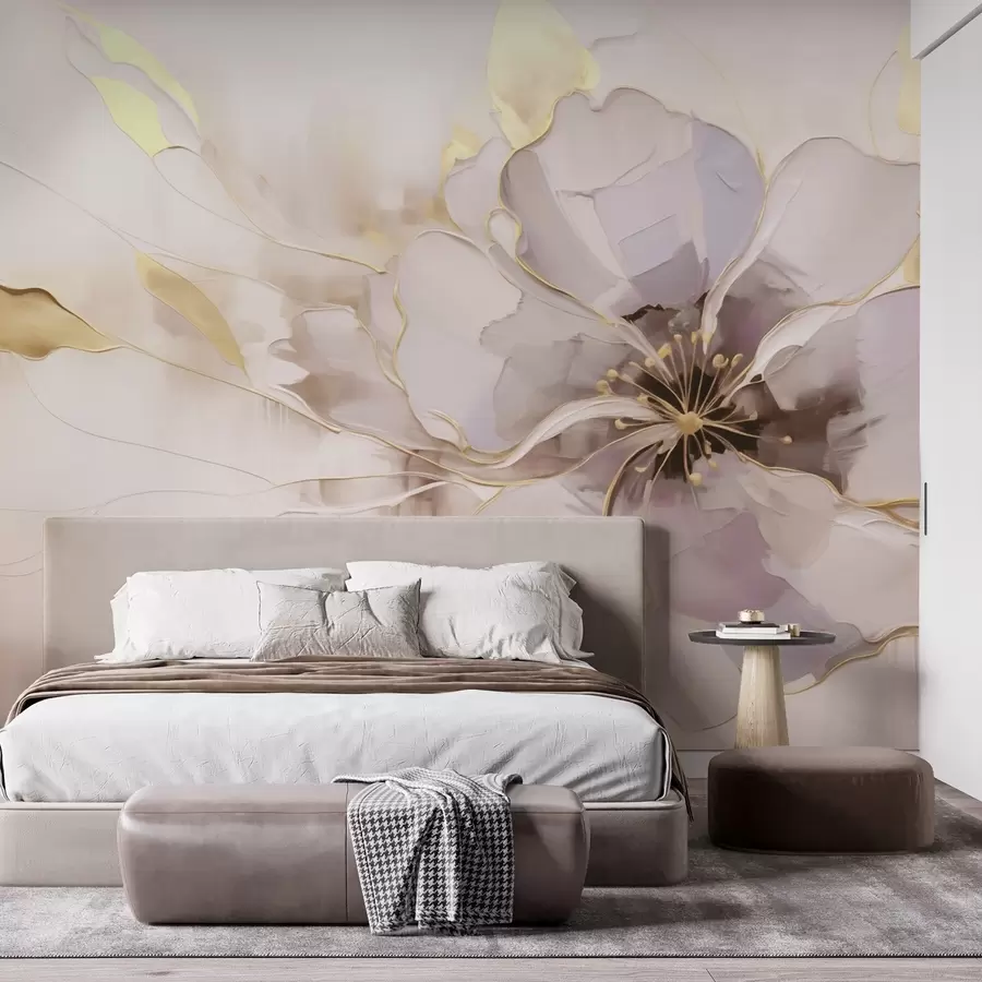 peintures murales Fleur bleue avec des accents jaunes dans un style abstrait au coup de pinceau w09505