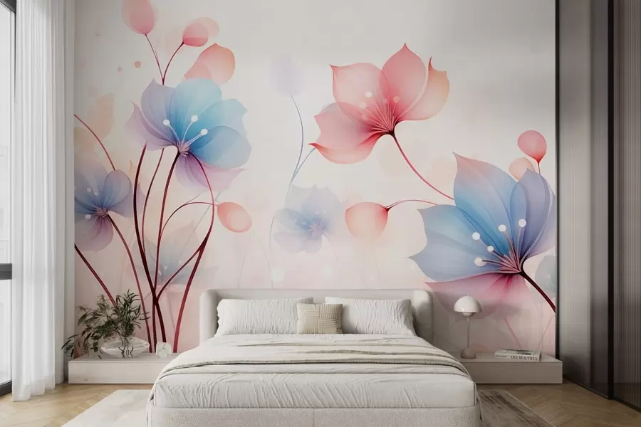 Wall Mural Photo Wallpaper Delicate pink-blue flowers — airy flora on a white watercolor background w09507