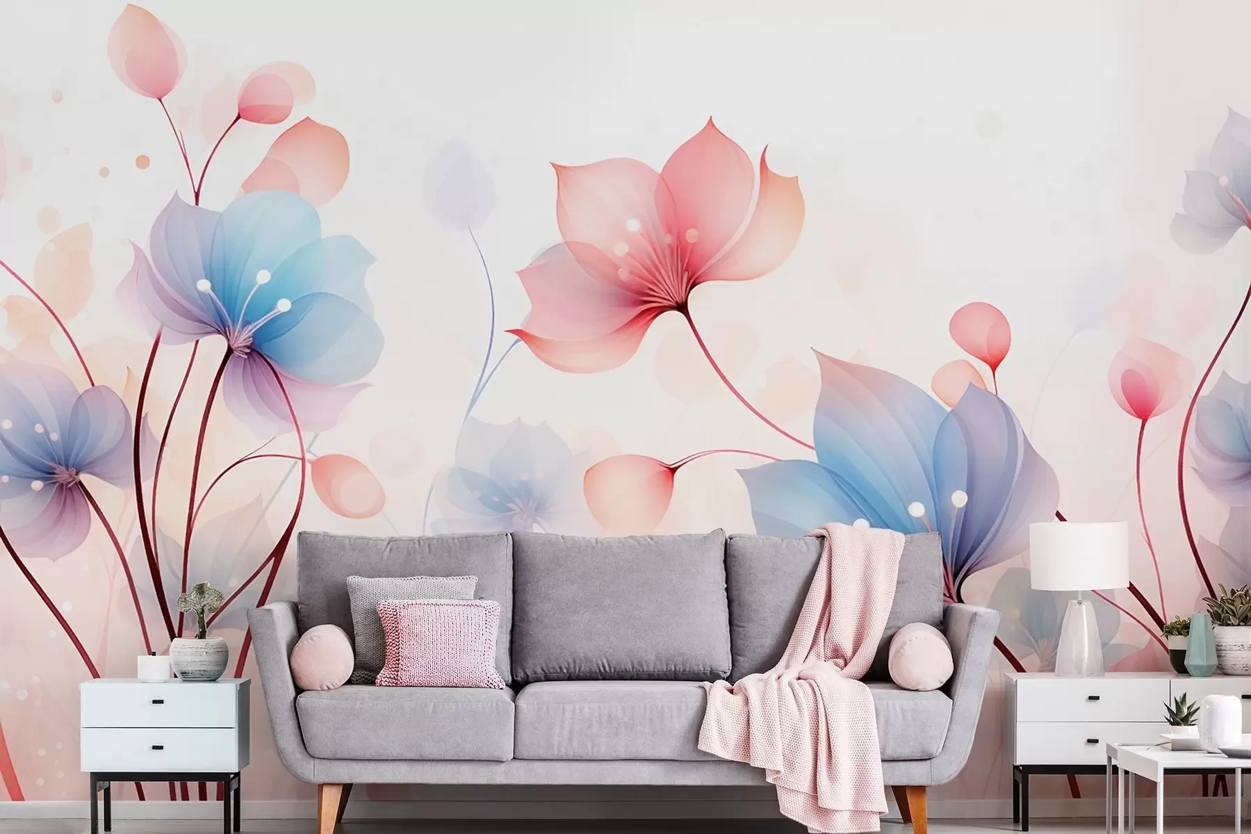 wall murals Delicate pink-blue flowers — airy flora on a white watercolor background w09507