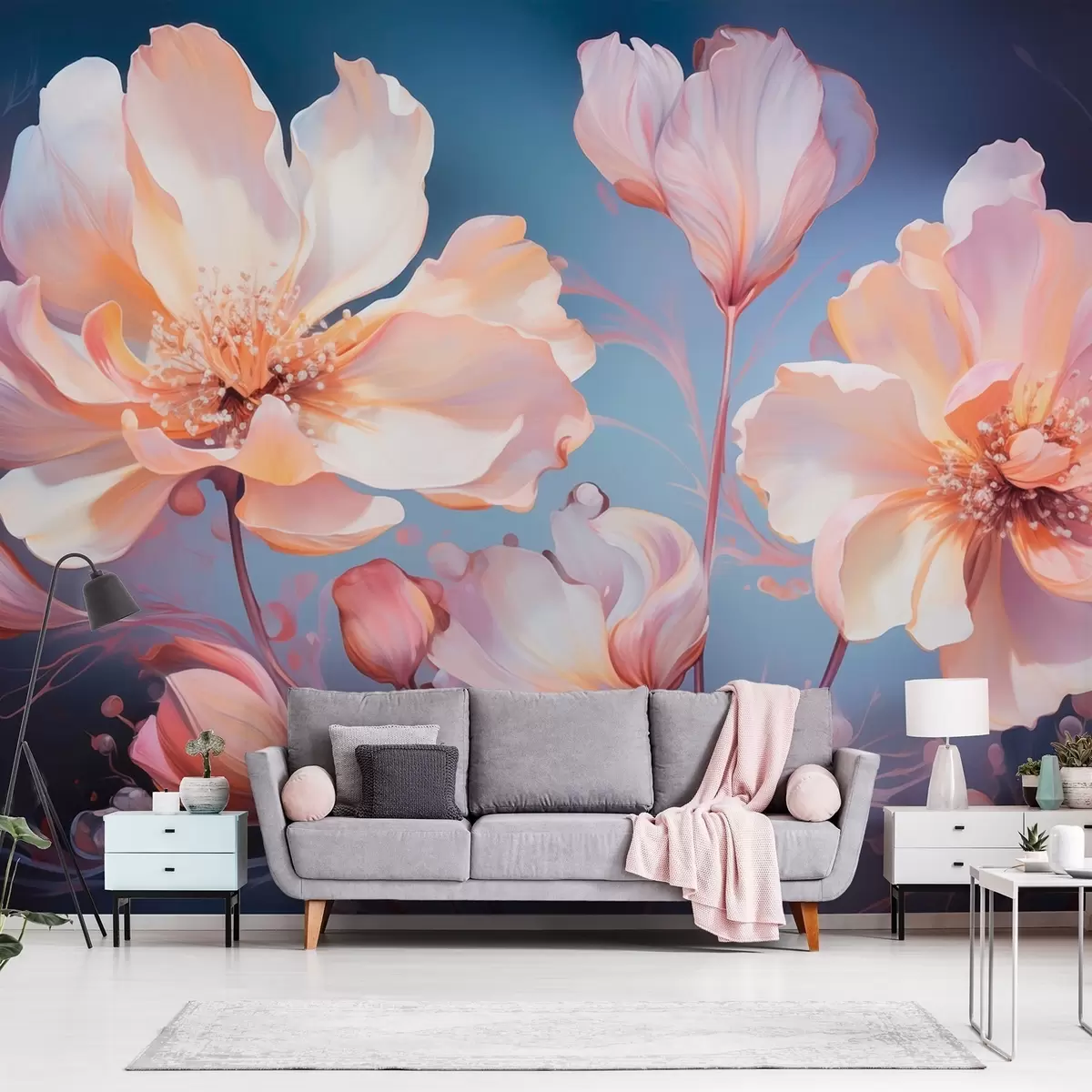 Wall Mural Photo Wallpaper Airy rose-cream peonies in watercolor style on a deep blue background w09513