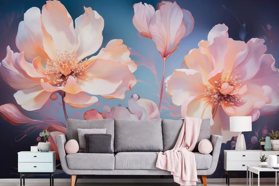 Wall Mural Photo Wallpaper Airy rose-cream peonies in watercolor style on a deep blue background w09513