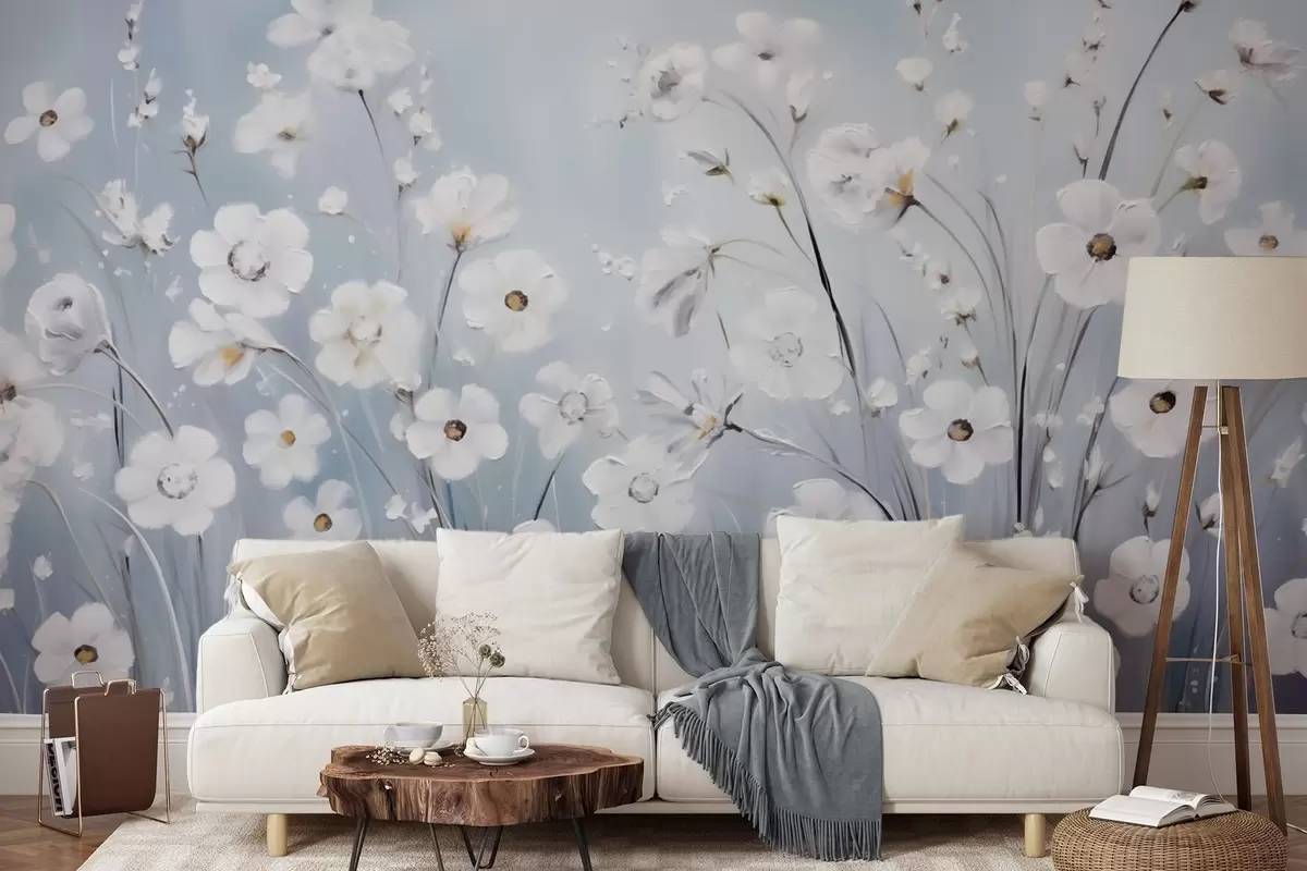 Wall Mural Photo Wallpaper White flowers against a blue sky in oil painting style w09516