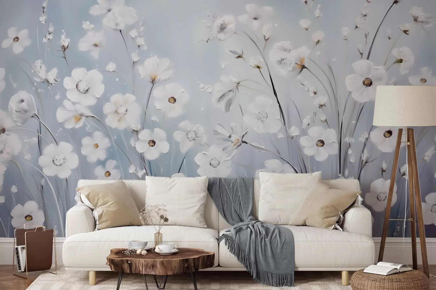 Wall Mural Photo Wallpaper White flowers against a blue sky in oil painting style w09516