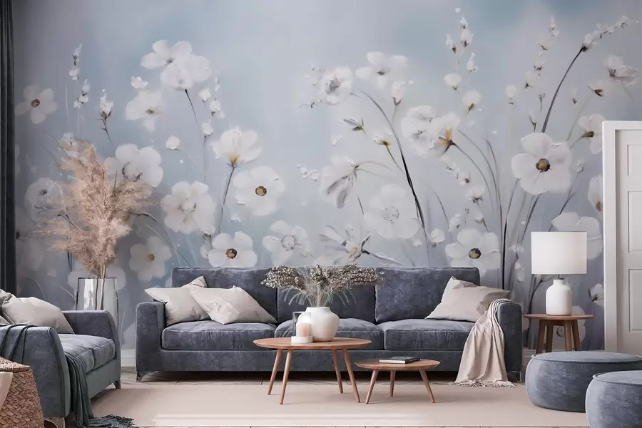murais de parede Flores brancas contra um céu azul em estilo pintura a óleo w09516