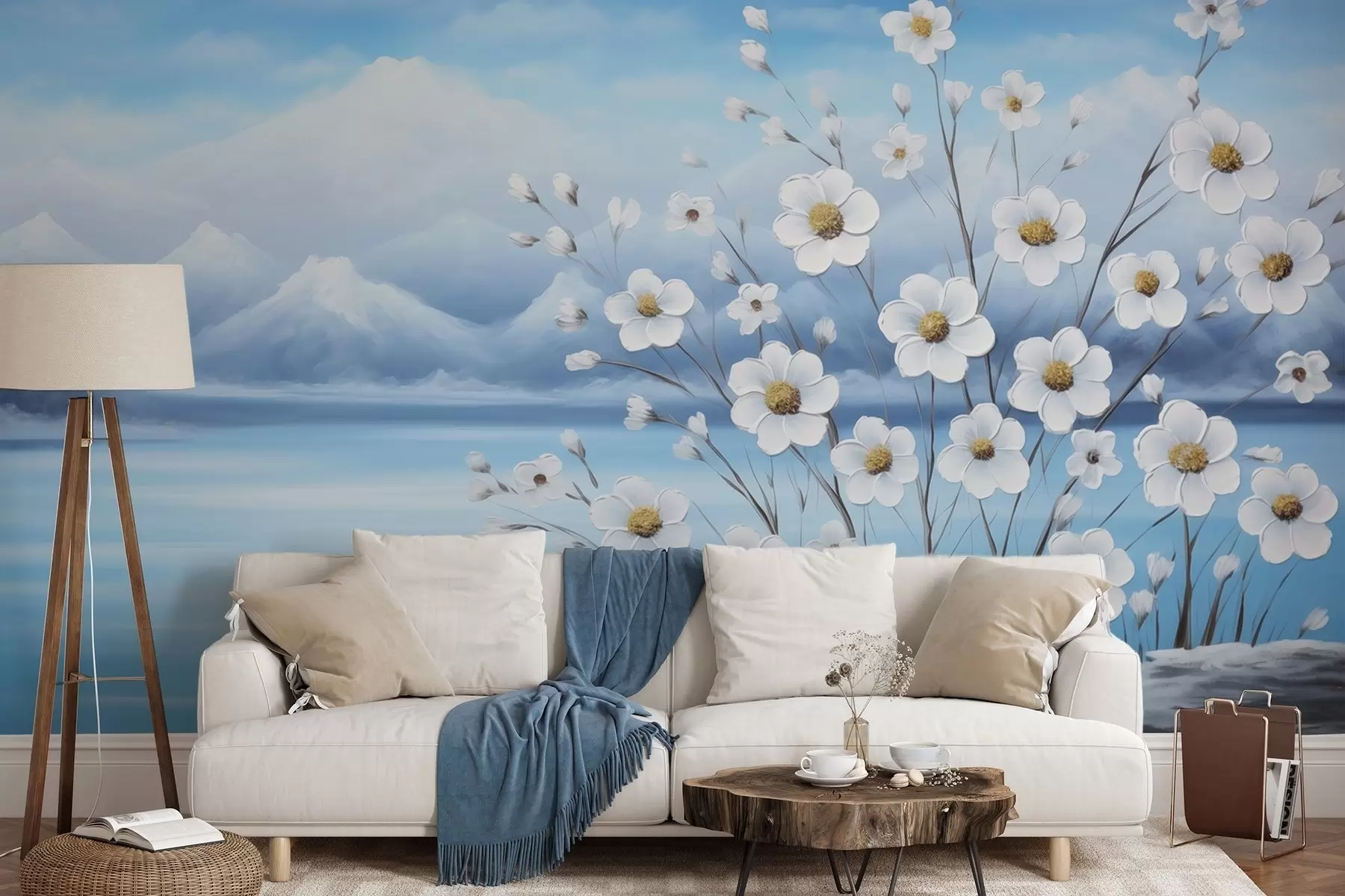 Wall Mural Photo Wallpaper White spring flowers by an icy lake with snowy mountains in oil-painting style w09526