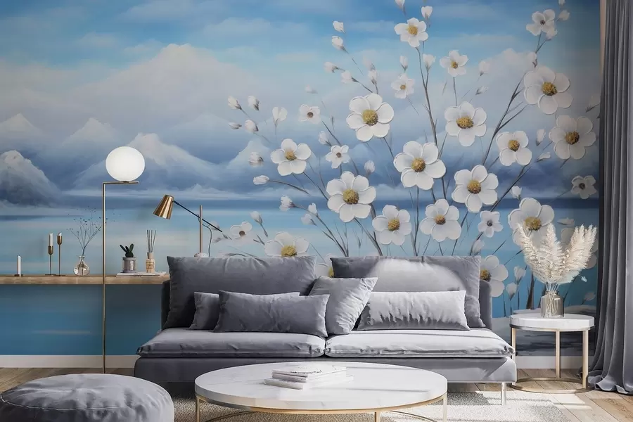 Wall Mural Photo Wallpaper White spring flowers by an icy lake with snowy mountains in oil-painting style w09526