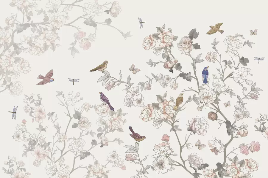 murales Pájaros cerca de ramas con flores w04939