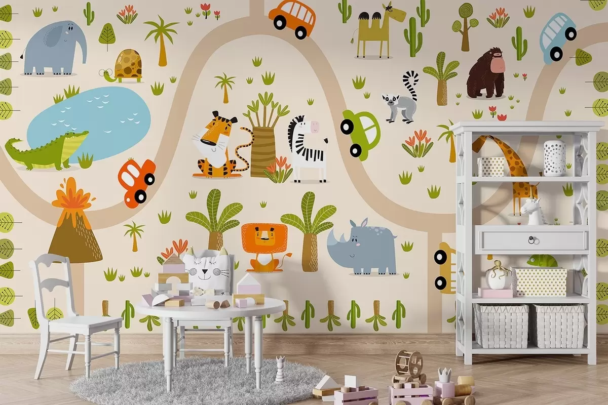 murales Safari con animales y coches w04931