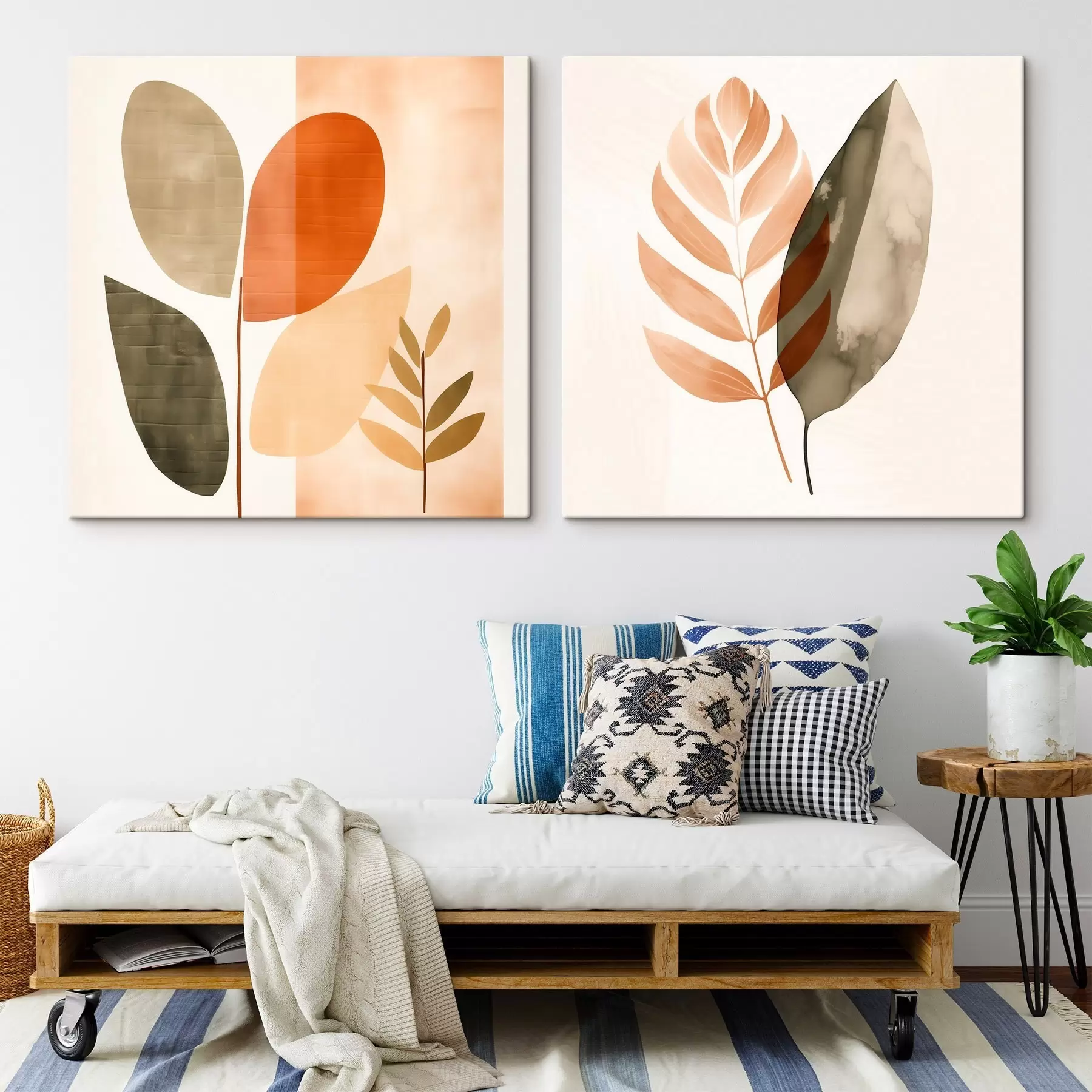 murales Díptico con motivos botánicos en una paleta de colores pastel m00983