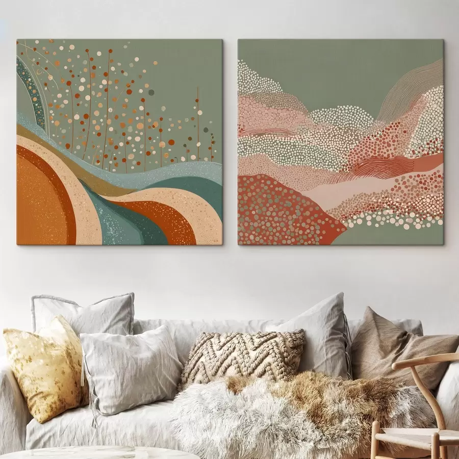 murales Paisaje abstracto en dos partes con elementos punteados y ondulados m00987