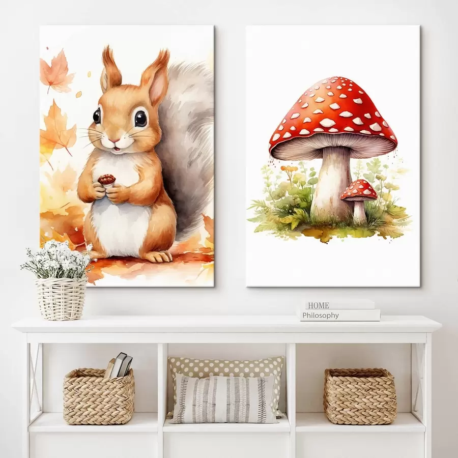 murales Ardilla y seta del bosque, amanita muscaria, imitación de acuarela m01049