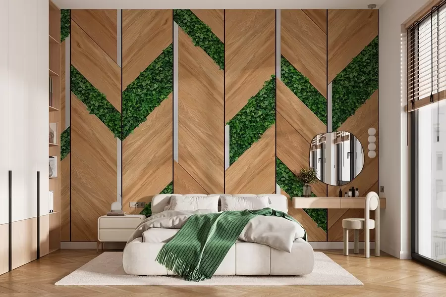 murales imitación de paneles de madera clara con inserciones vegetales w04875