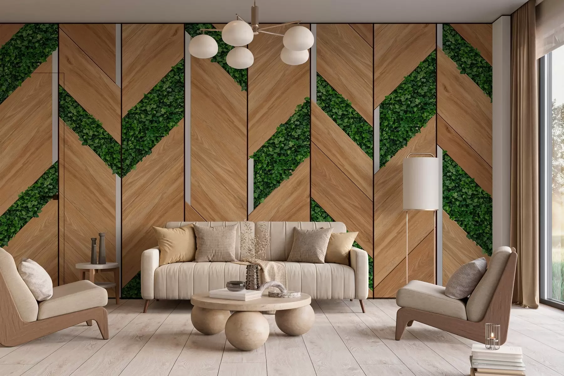 Wall Mural Photo Wallpaper imitation of light wooden panels with plant inserts w04875