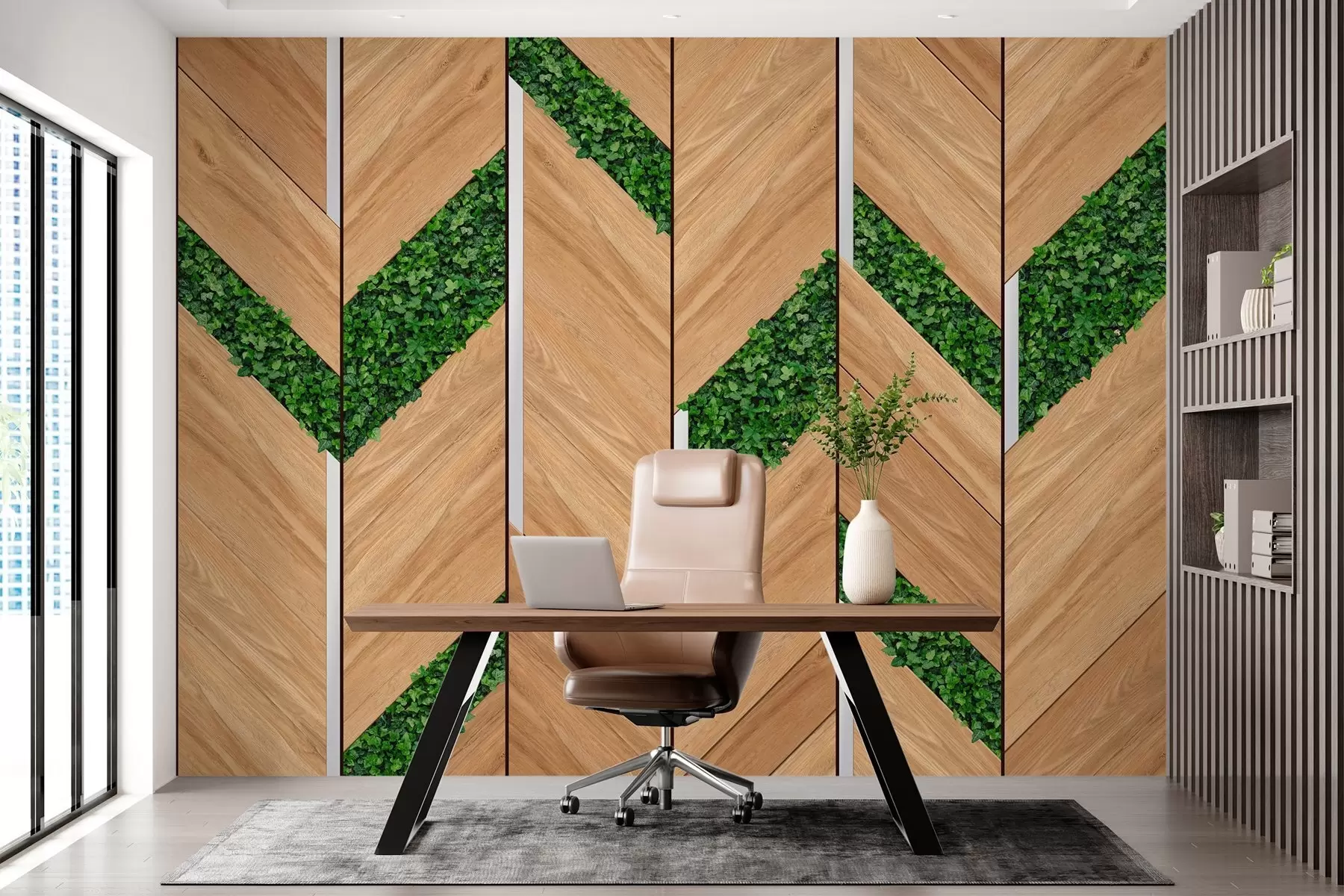 wall murals imitation of light wooden panels with plant inserts w04875