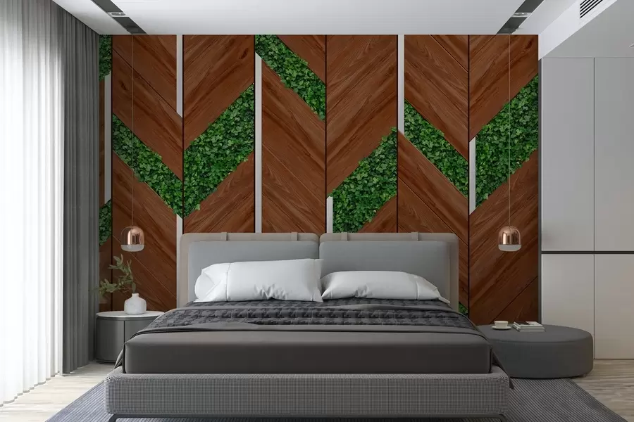 murales imitación de paneles de madera oscura con inserciones vegetales w04875v1