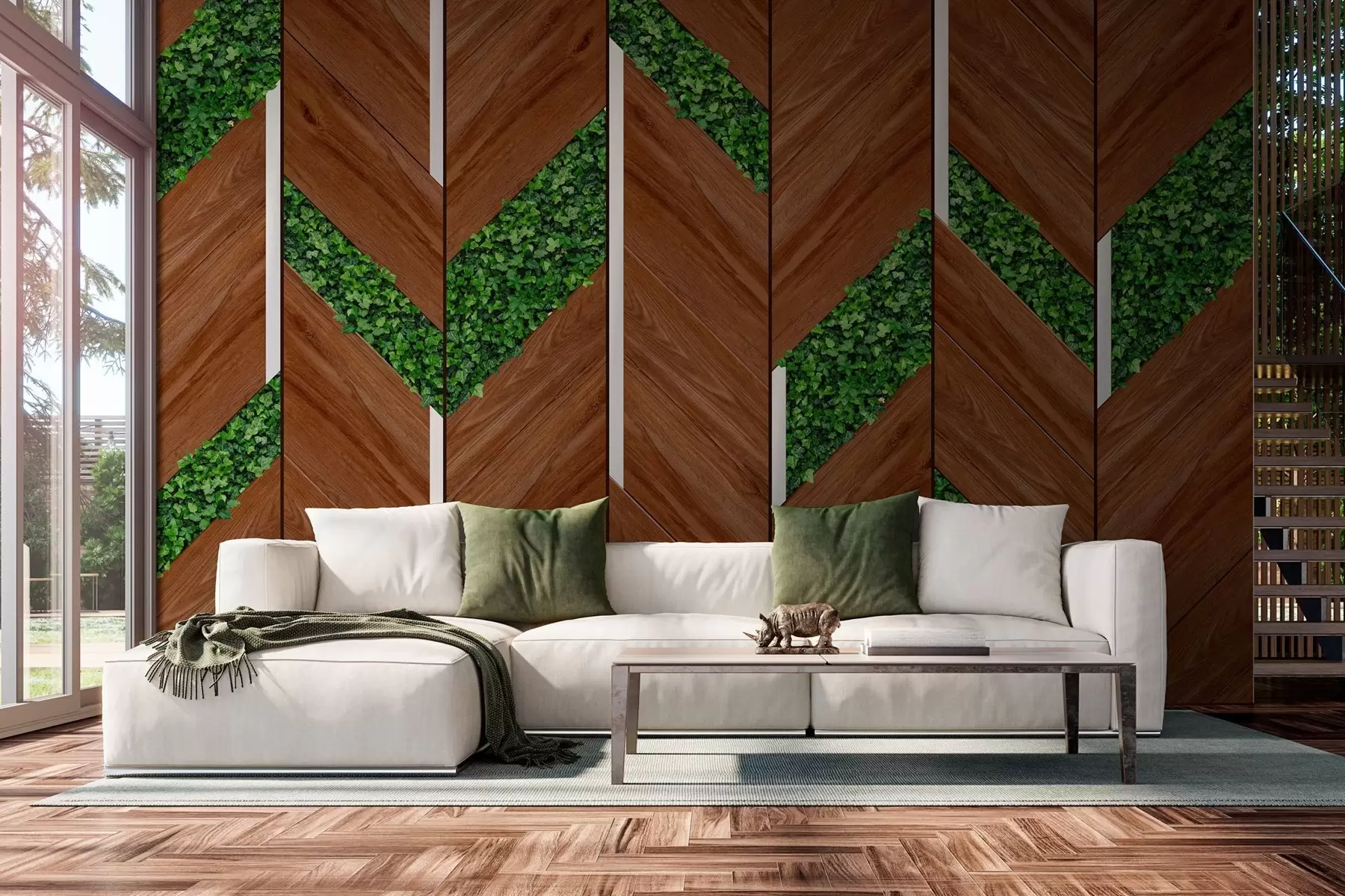 wall murals imitation of dark wood panels with plant inserts w04875v1