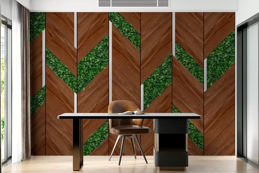 wall murals imitation of dark wood panels with plant inserts w04875v1