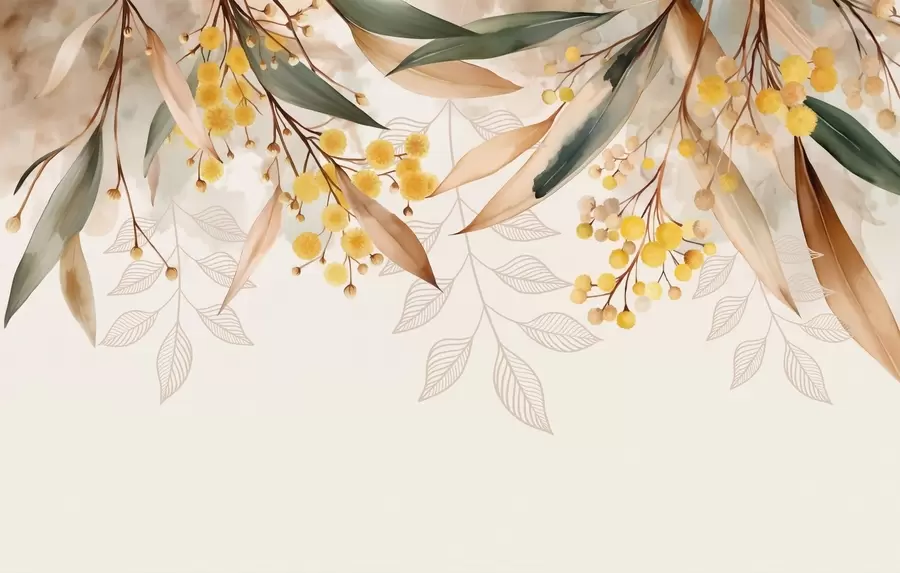wall murals flowers and leaves of mimosa falling from above in watercolor style w04880