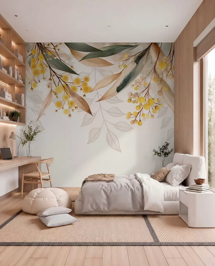 peintures murales fleurs et feuilles de mimosa tombant du ciel dans un style aquarelle w04880