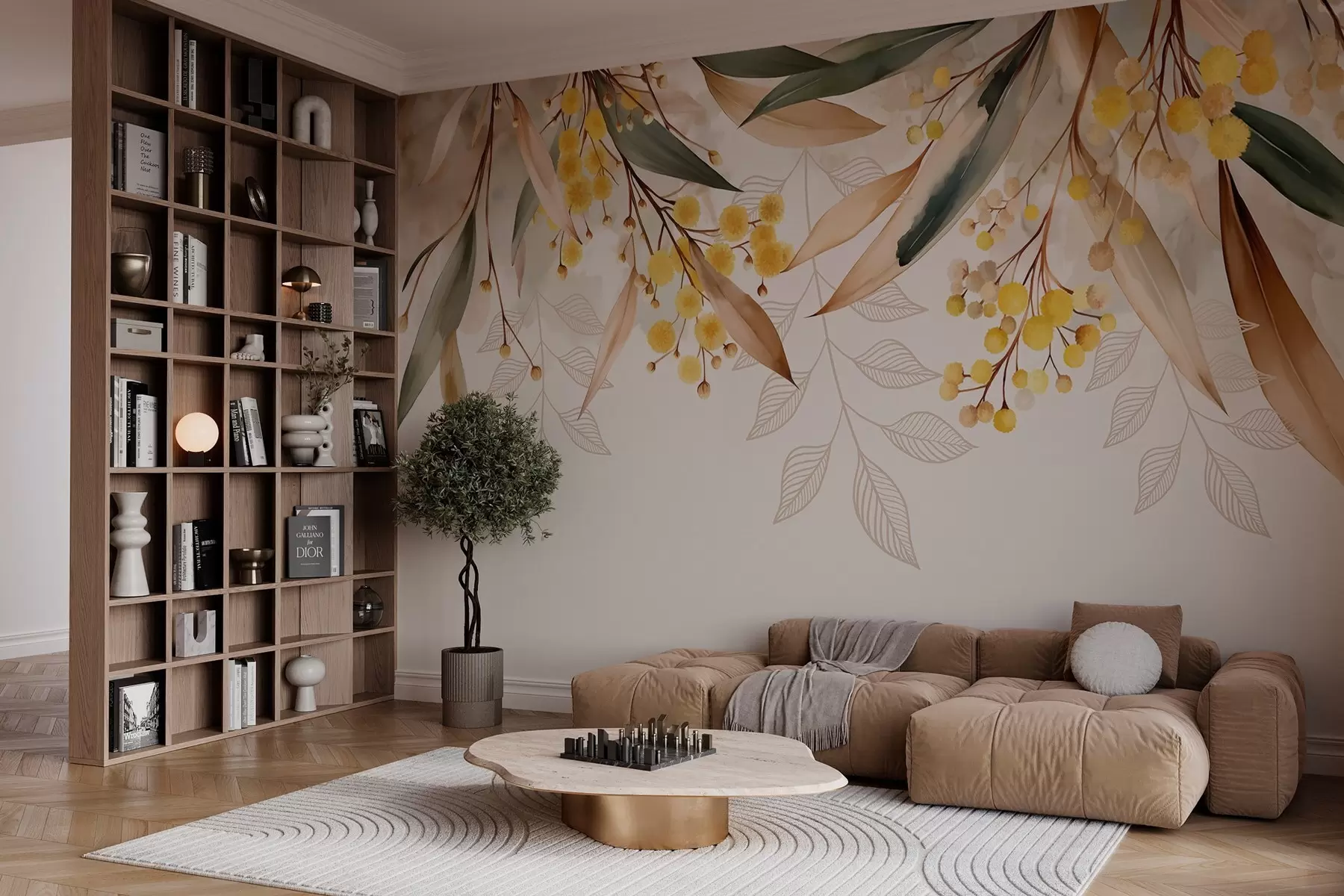 Wall Mural Photo Wallpaper flowers and leaves of mimosa falling from above in watercolor style w04880