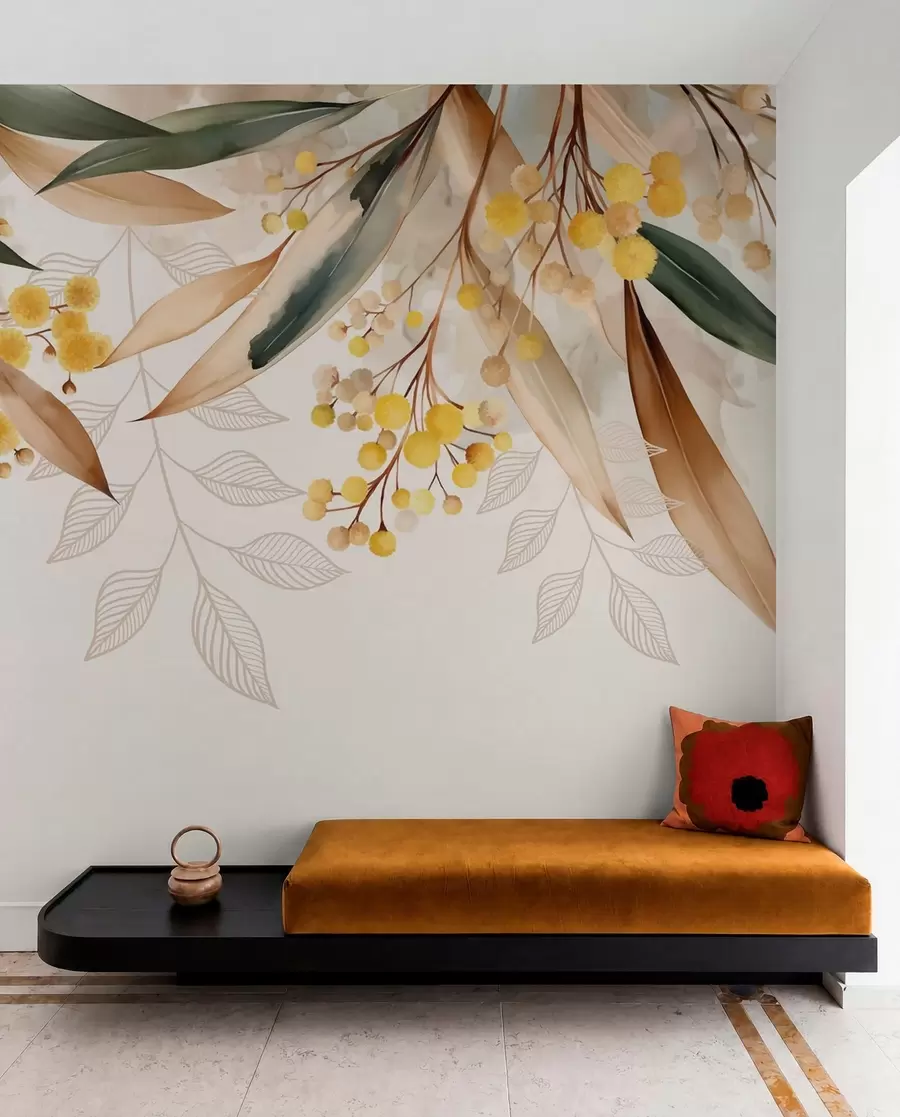 peintures murales fleurs et feuilles de mimosa tombant du ciel dans un style aquarelle w04880