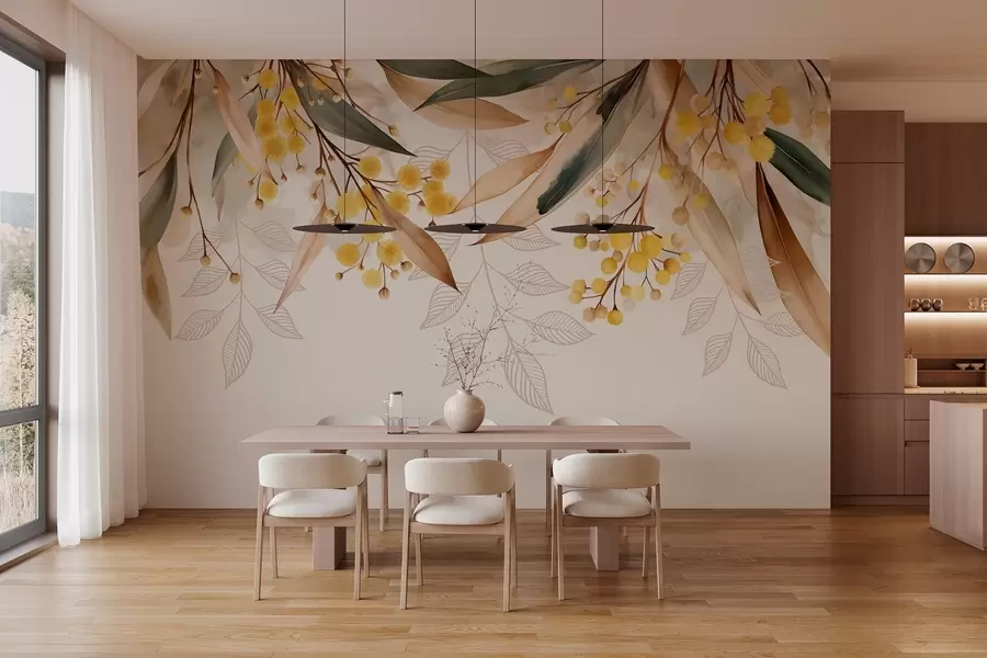 peintures murales fleurs et feuilles de mimosa tombant du ciel dans un style aquarelle w04880