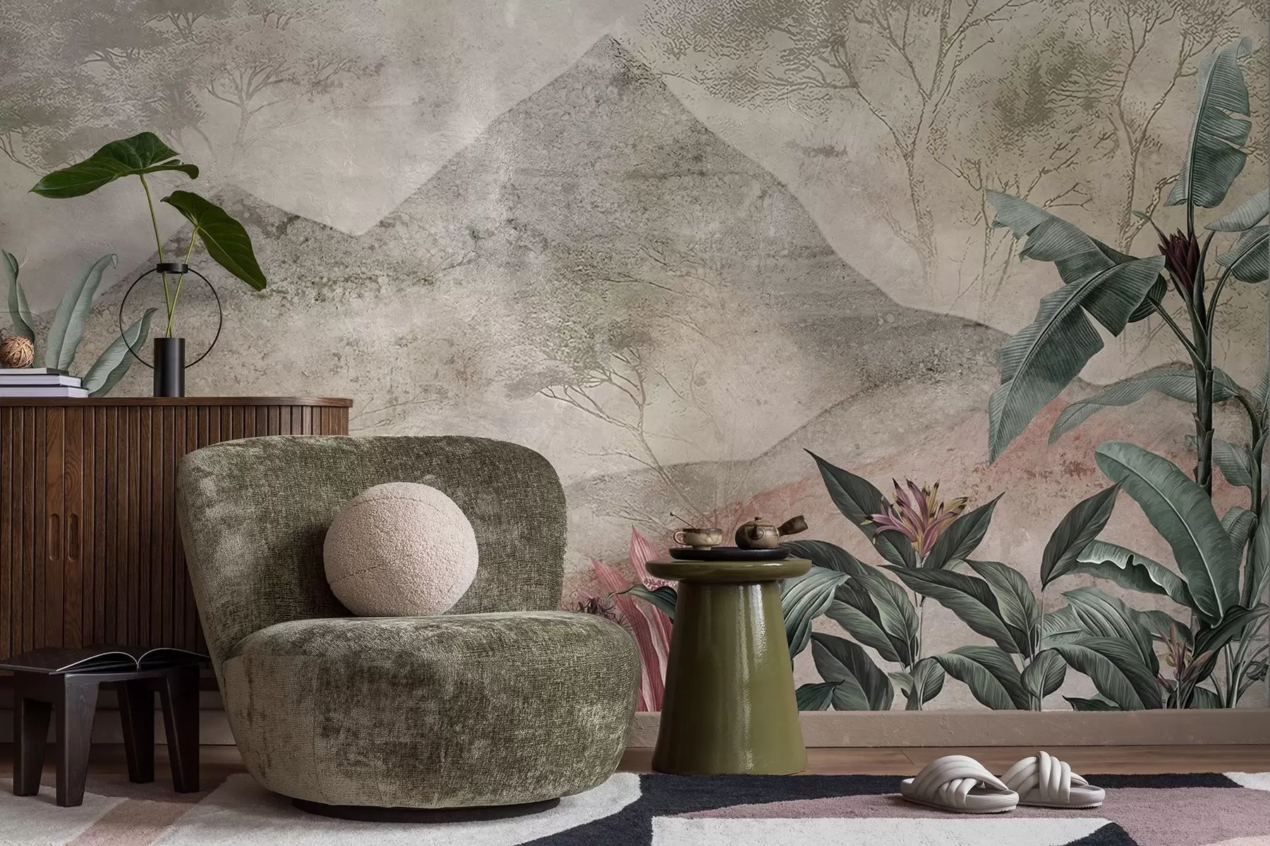 peintures murales Feuilles de bananier pastel et fleurs tropicales sur fond de montagnes w04933