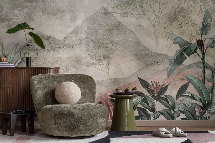 murales Hojas de plátano en tonos pastel y flores tropicales con las montañas como telón de fondo. w04933