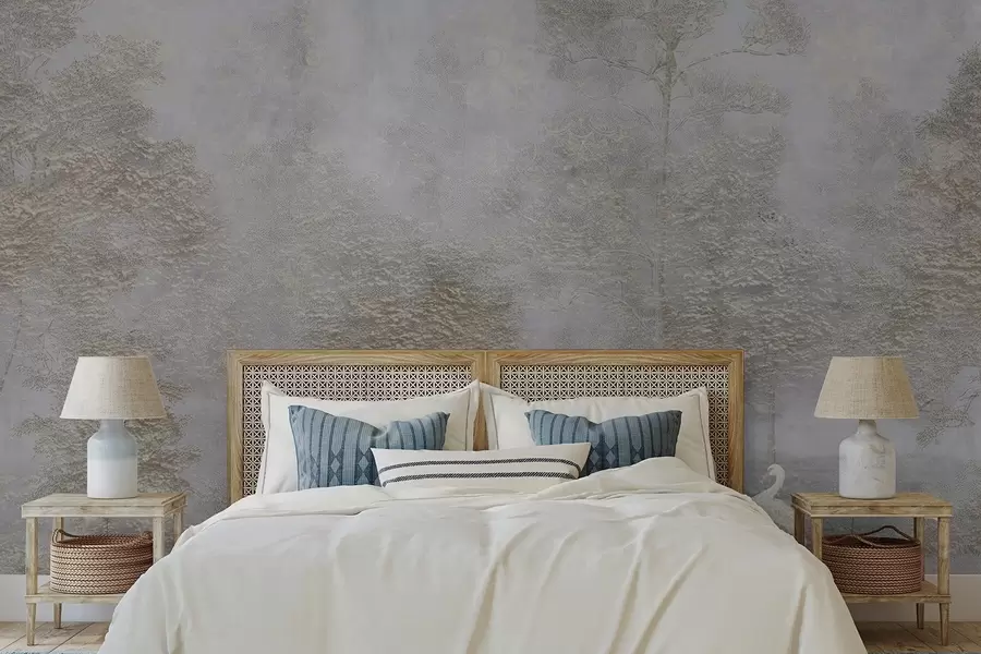 Wall Mural Photo Wallpaper Misty forest with a white heron and soft texture w04953