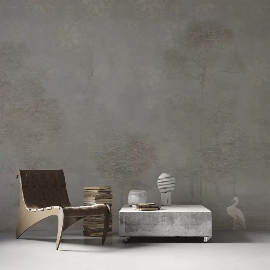 murales Bosque brumoso con una garza y un patrón ornamental encima w04953v1